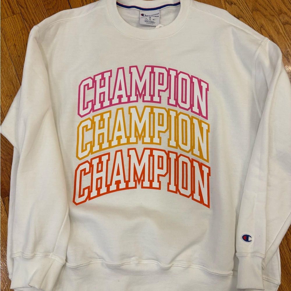 Champion Women's White Crewneck with Pink, Yellow, and Orange Logo